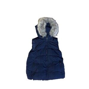 GAP Navy Blue Puffer Vest Faux Fur Hooded Full Zip Quilted Gilet Womens XS